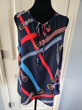 CAbi Navy Sleeveless Tie-Neck Career TankTop with Red & Blue Belt Print Large